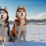 Two huskies sat on snow