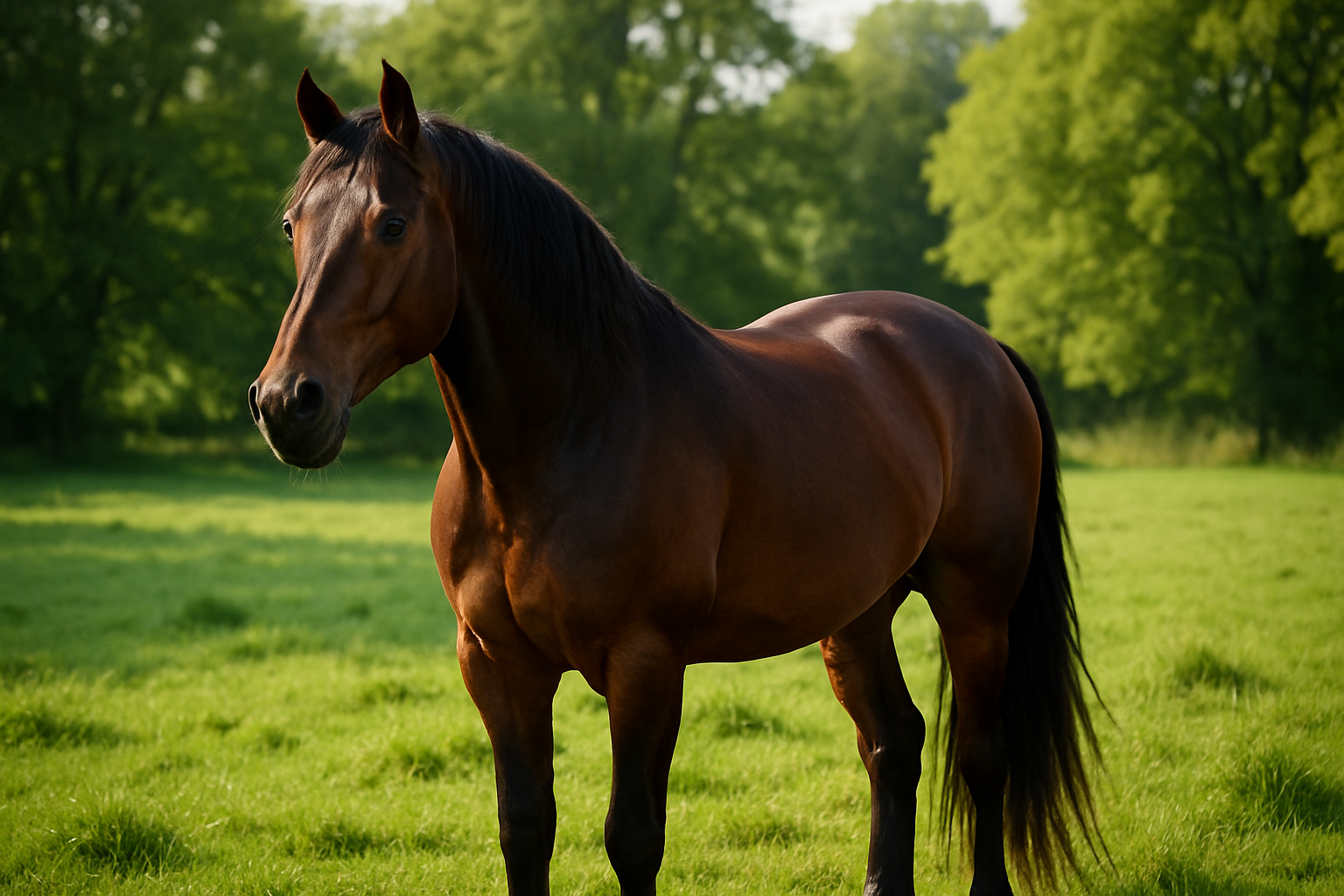 Create a photorealistic image of a majestic horse in a lush green pasture with beautiful natural lighting. Create a photorealistic, professional, natural-looking image with believable lighting and detail.