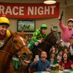 A vibrant and fun-themed race night setting with humorous elements. Create a photorealistic, professional, natural-looking image with believable lighting and detail.