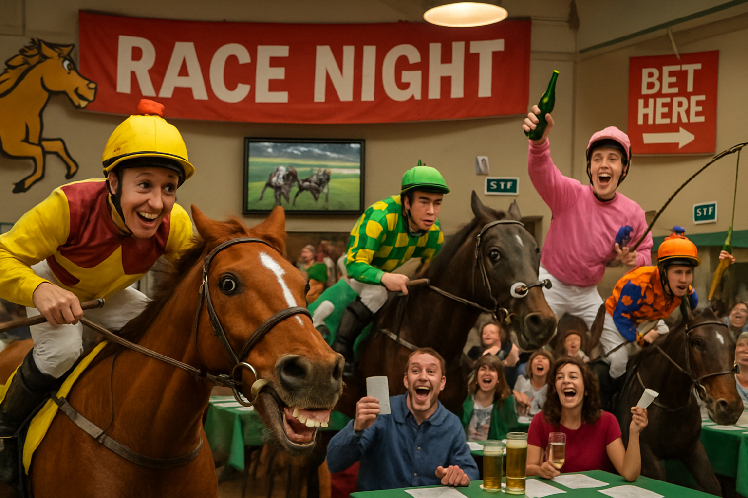 A vibrant and fun-themed race night setting with humorous elements. Create a photorealistic, professional, natural-looking image with believable lighting and detail.