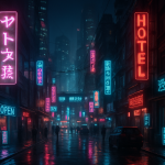 Create a photorealistic image of a cyberpunk cityscape at night, illuminated with neon lights and a futuristic atmosphere. Create a photorealistic, professional, natural-looking image with believable lighting and detail.