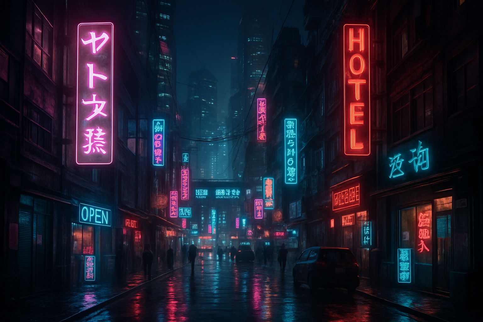 Create a photorealistic image of a cyberpunk cityscape at night, illuminated with neon lights and a futuristic atmosphere. Create a photorealistic, professional, natural-looking image with believable lighting and detail.