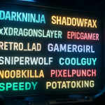 A collage of gaming usernames from various eras, displayed in a futuristic gaming environment, showcasing diversity and creativity. Create a photorealistic, professional, natural-looking image with believable lighting and detail.