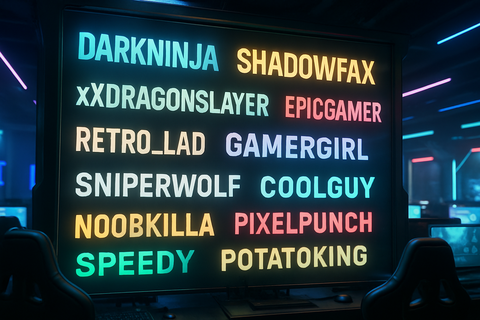 A collage of gaming usernames from various eras, displayed in a futuristic gaming environment, showcasing diversity and creativity. Create a photorealistic, professional, natural-looking image with believable lighting and detail.