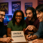 Create a photorealistic image capturing the essence of gaming, showcasing a diverse group of gamers brainstorming unique usernames in a cozy gaming environment with bright screens and gaming posters. Create a photorealistic, professional, natural-looking image with believable lighting and detail.