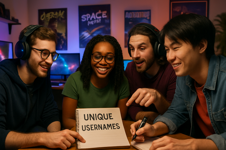 Create a photorealistic image capturing the essence of gaming, showcasing a diverse group of gamers brainstorming unique usernames in a cozy gaming environment with bright screens and gaming posters. Create a photorealistic, professional, natural-looking image with believable lighting and detail.