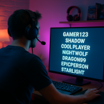 Create a photorealistic image of a gamer sitting in a modern gaming setup, with colorful LED lights and various gaming paraphernalia, focusing on a computer screen displaying different usernames. Create a photorealistic, professional, natural-looking image with believable lighting and detail.