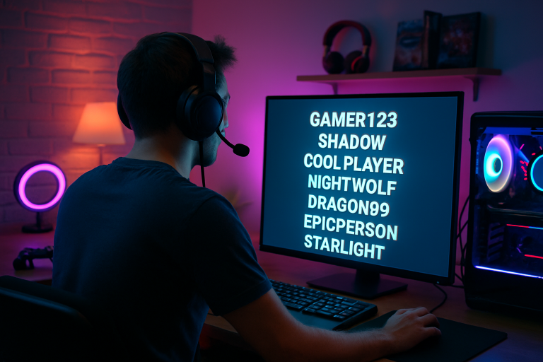 Create a photorealistic image of a gamer sitting in a modern gaming setup, with colorful LED lights and various gaming paraphernalia, focusing on a computer screen displaying different usernames. Create a photorealistic, professional, natural-looking image with believable lighting and detail.