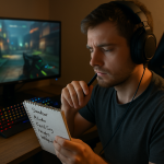 A photorealistic image of a gamer sitting in front of a computer, contemplating over a notepad while brainstorming usernames, with a warm lighting effect. Create a photorealistic, professional, natural-looking image with believable lighting and detail.