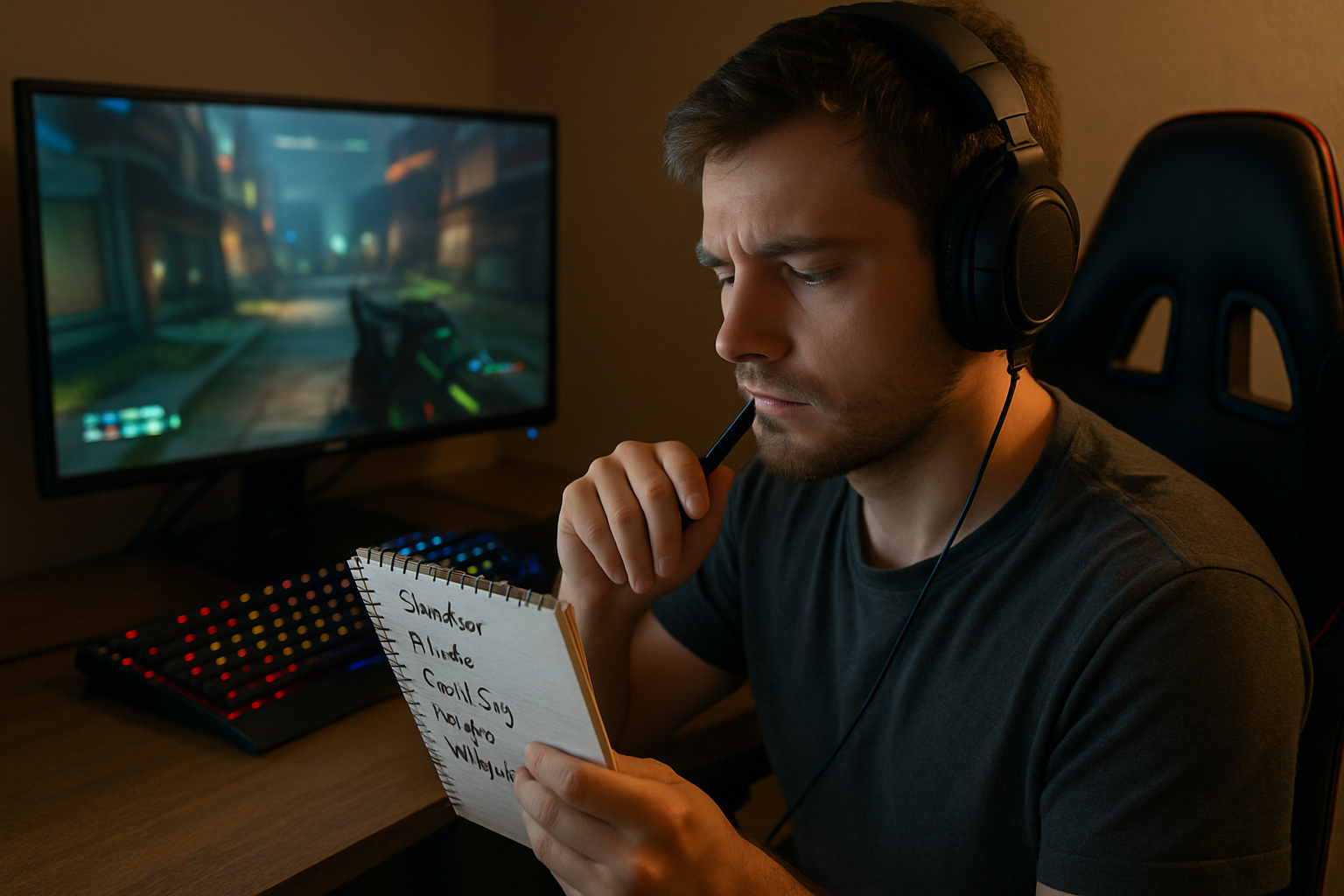 A photorealistic image of a gamer sitting in front of a computer, contemplating over a notepad while brainstorming usernames, with a warm lighting effect. Create a photorealistic, professional, natural-looking image with believable lighting and detail.