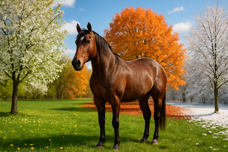 Create a photorealistic image of a horse in a beautiful, seasonal landscape representing all four seasons. The image should include vivid colors and natural lighting to showcase the essence of each season. Create a photorealistic, professional, natural-looking image with believable lighting and detail.