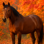 A beautiful horse standing in a vibrant autumn landscape, surrounded by colorful leaves. Create a photorealistic, professional, natural-looking image with believable lighting and detail.