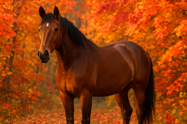 A beautiful horse standing in a vibrant autumn landscape, surrounded by colorful leaves. Create a photorealistic, professional, natural-looking image with believable lighting and detail.