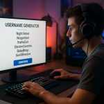 A gamer in front of a computer, actively using a username generator tool, with a lively gaming atmosphere. Create a photorealistic, professional, natural-looking image with believable lighting and detail.