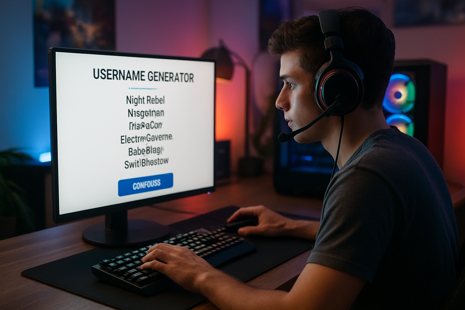 A gamer in front of a computer, actively using a username generator tool, with a lively gaming atmosphere. Create a photorealistic, professional, natural-looking image with believable lighting and detail.