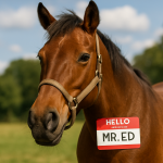 Create a photorealistic image of a horse with a funny name tag, showcasing a light-hearted and joyful atmosphere. Create a photorealistic, professional, natural-looking image with believable lighting and detail.