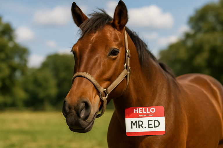 Create a photorealistic image of a horse with a funny name tag, showcasing a light-hearted and joyful atmosphere. Create a photorealistic, professional, natural-looking image with believable lighting and detail.