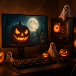 Create a photorealistic image featuring a spooky gaming setup, decorated for Halloween with themed visuals like pumpkins and ghostly artifacts. Create a photorealistic, professional, natural-looking image with believable lighting and detail.