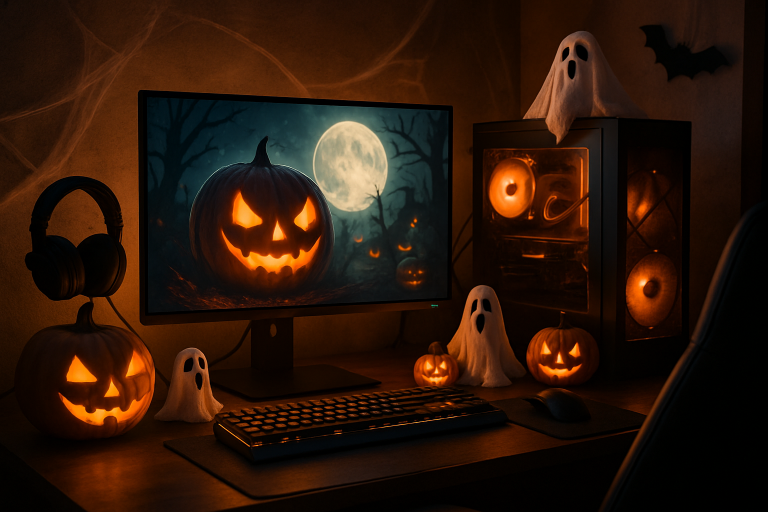 Create a photorealistic image featuring a spooky gaming setup, decorated for Halloween with themed visuals like pumpkins and ghostly artifacts. Create a photorealistic, professional, natural-looking image with believable lighting and detail.