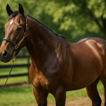 A professional racehorse in a paddock, showcasing its beauty with natural lighting, ideal for capturing the essence of thoroughbred elegance. Create a photorealistic, professional, natural-looking image with believable lighting and detail.