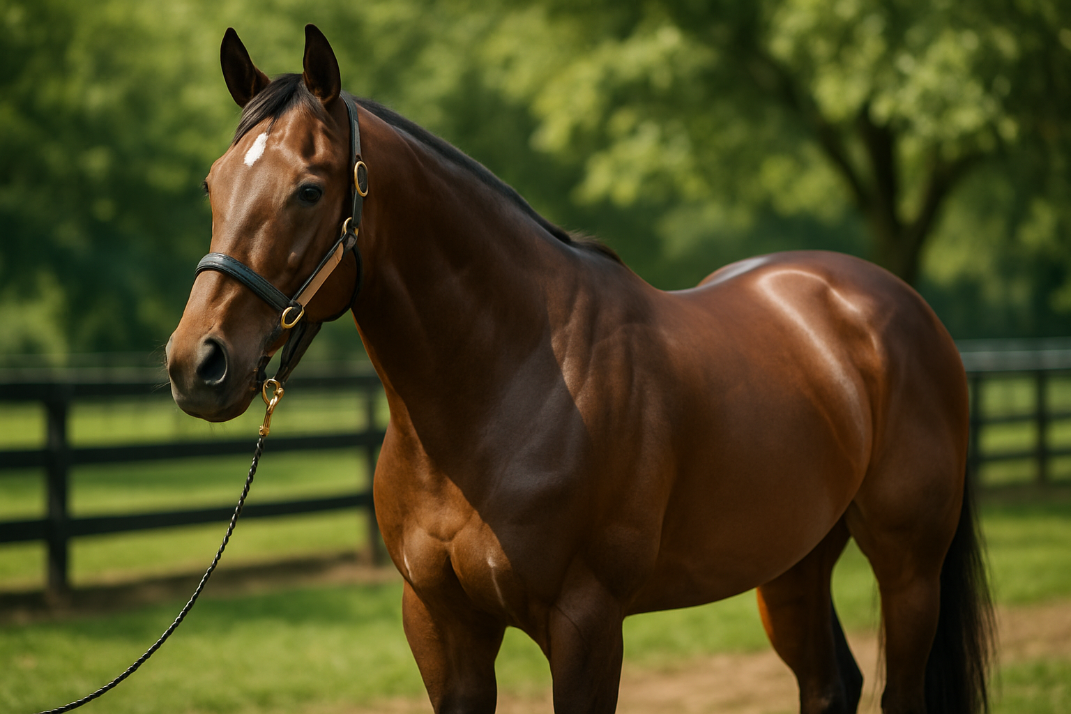 A professional racehorse in a paddock, showcasing its beauty with natural lighting, ideal for capturing the essence of thoroughbred elegance. Create a photorealistic, professional, natural-looking image with believable lighting and detail.