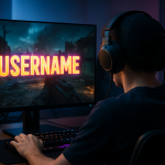 Create a photorealistic image of a gamer in an immersive gaming environment, focusing on their vibrant username displayed on-screen. Create a photorealistic, professional, natural-looking image with believable lighting and detail.