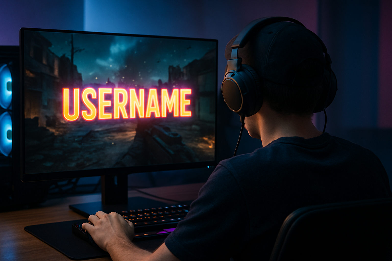 Create a photorealistic image of a gamer in an immersive gaming environment, focusing on their vibrant username displayed on-screen. Create a photorealistic, professional, natural-looking image with believable lighting and detail.