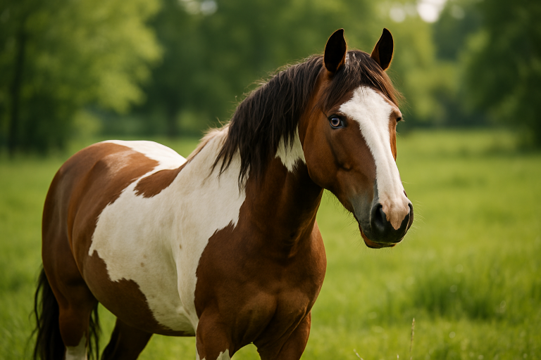 Create a photorealistic image of a horse in a lush green pasture, showcasing its unique coloring and personality. Create a photorealistic, professional, natural-looking image with believable lighting and detail.