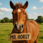A whimsical horse with a funny nameplate in a sunny pasture, capturing both humor and warmth. Create a photorealistic, professional, natural-looking image with believable lighting and detail.