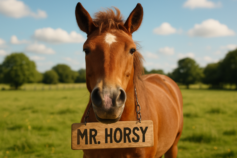 A whimsical horse with a funny nameplate in a sunny pasture, capturing both humor and warmth. Create a photorealistic, professional, natural-looking image with believable lighting and detail.