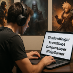 Create a photorealistic image of a gamer creating usernames on a laptop, with character-related posters in the background. Create a photorealistic, professional, natural-looking image with believable lighting and detail.