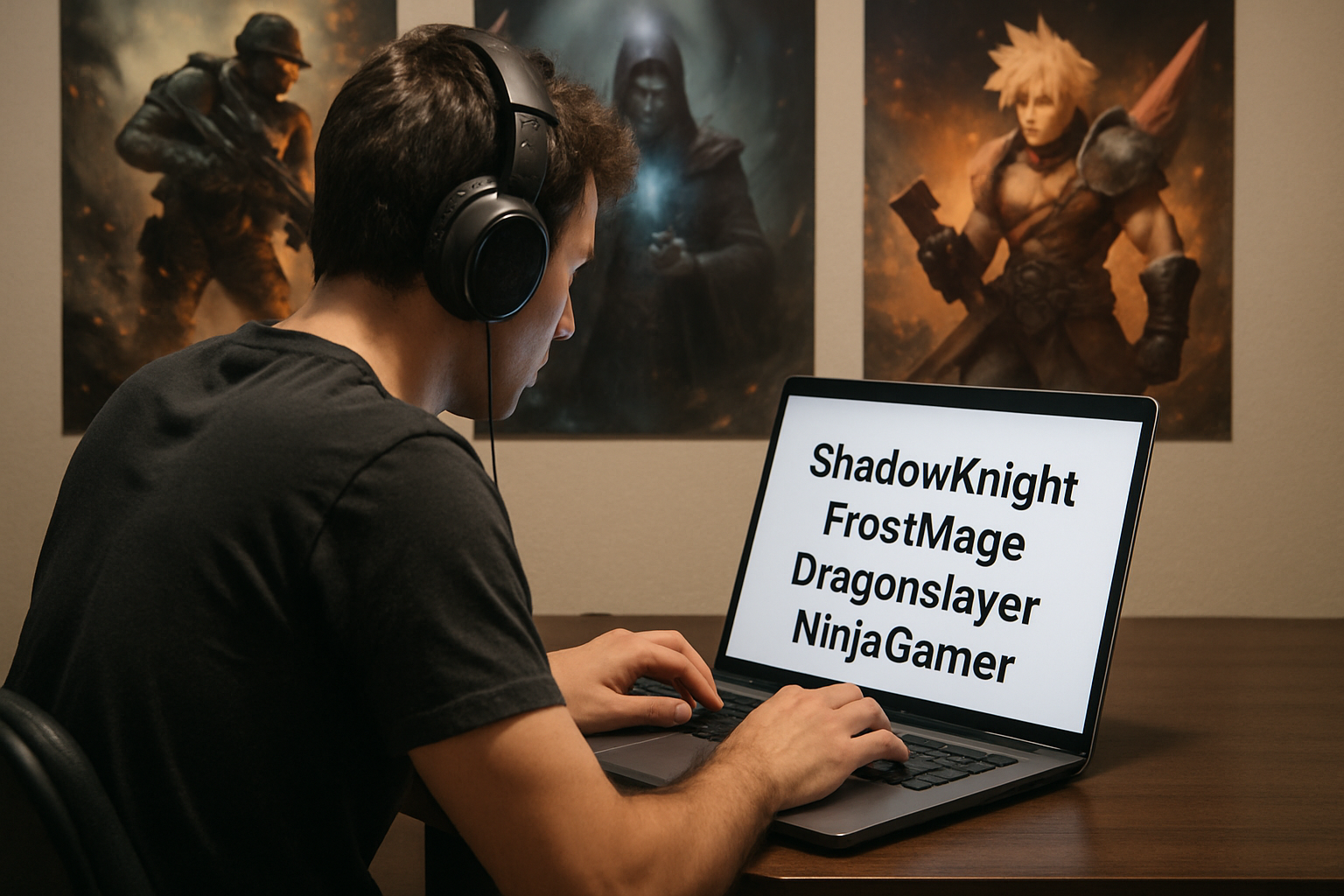 Create a photorealistic image of a gamer creating usernames on a laptop, with character-related posters in the background. Create a photorealistic, professional, natural-looking image with believable lighting and detail.