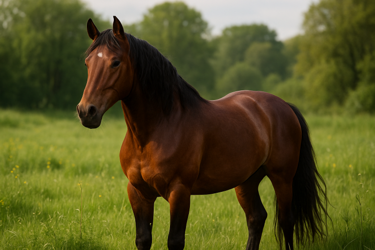 A photorealistic image of a majestic horse in a lush meadow, showcasing its beauty and personality. Create a photorealistic, professional, natural-looking image with believable lighting and detail.