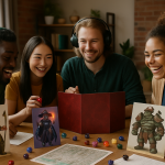 A group of diverse gamers enjoying a fantasy RPG session with colorful character designs and a vibrant gaming atmosphere. Create a photorealistic, professional, natural-looking image with believable lighting and detail.