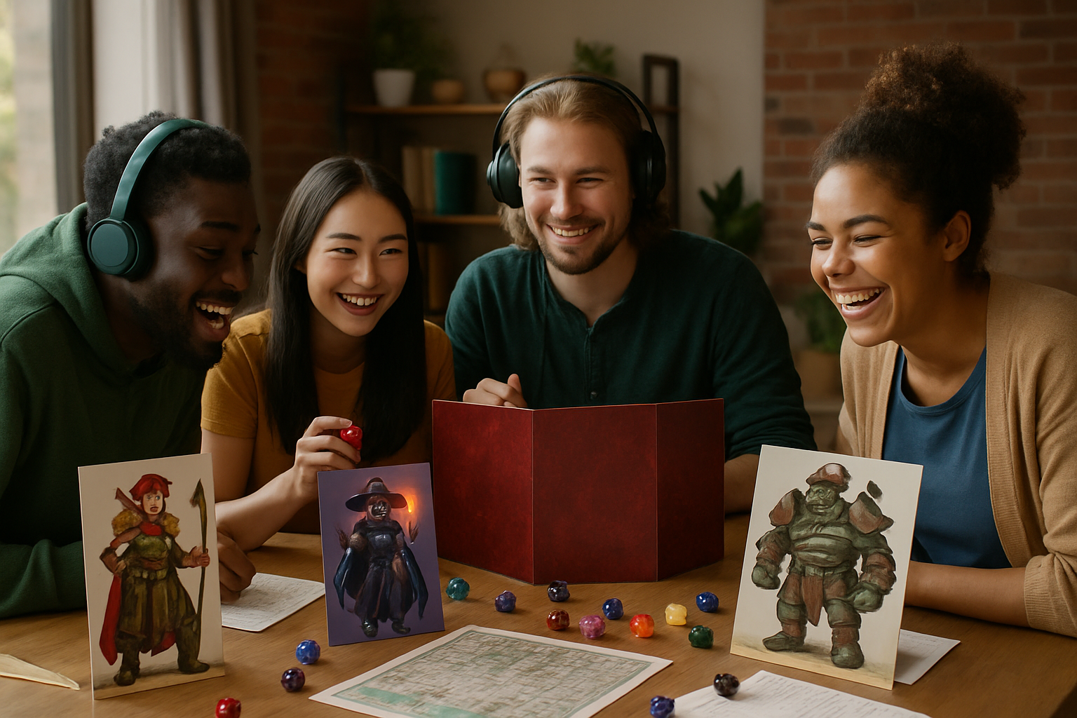 A group of diverse gamers enjoying a fantasy RPG session with colorful character designs and a vibrant gaming atmosphere. Create a photorealistic, professional, natural-looking image with believable lighting and detail.