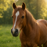 Create a photorealistic image of a cute horse in a lush green field, with sunlight streaming through the trees, showcasing its gentle expression. Create a photorealistic, professional, natural-looking image with believable lighting and detail.