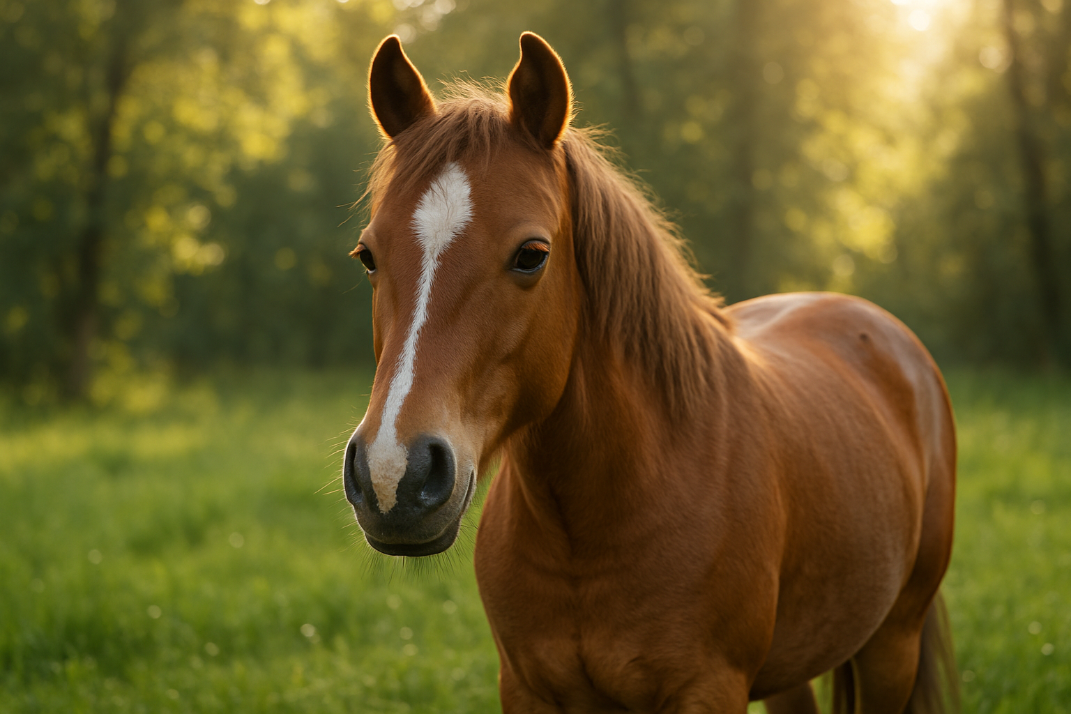 Create a photorealistic image of a cute horse in a lush green field, with sunlight streaming through the trees, showcasing its gentle expression. Create a photorealistic, professional, natural-looking image with believable lighting and detail.