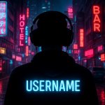 A vibrant cyberpunk cityscape with neon lights and futuristic elements, featuring a silhouette of a gamer with a stylized username appearing in glowing letters. Create a photorealistic, professional, natural-looking image with believable lighting and detail.