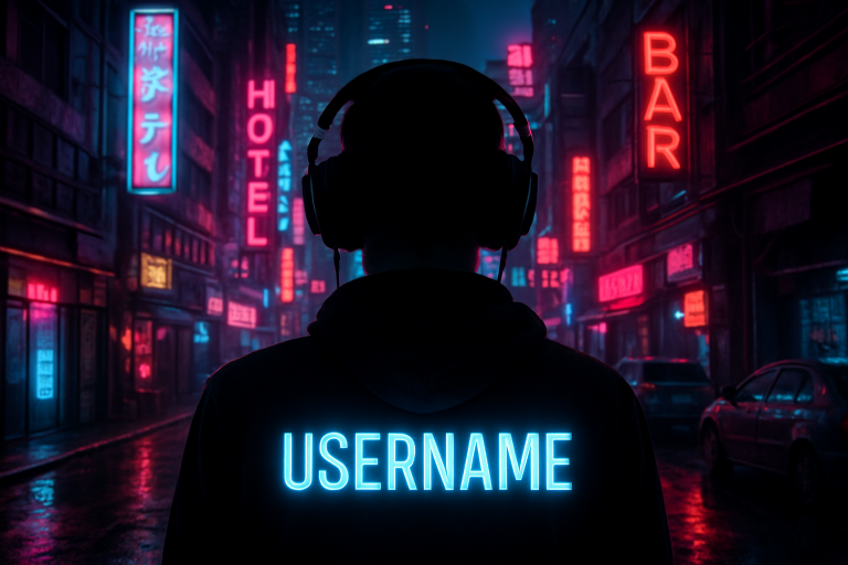 A vibrant cyberpunk cityscape with neon lights and futuristic elements, featuring a silhouette of a gamer with a stylized username appearing in glowing letters. Create a photorealistic, professional, natural-looking image with believable lighting and detail.