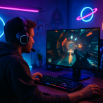 Create a photorealistic image of a gamer in a futuristic gaming setup, featuring vibrant neon lights and sci-fi themed decorations, showcasing an immersive gaming environment. Create a photorealistic, professional, natural-looking image with believable lighting and detail.