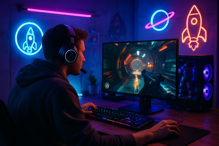 Create a photorealistic image of a gamer in a futuristic gaming setup, featuring vibrant neon lights and sci-fi themed decorations, showcasing an immersive gaming environment. Create a photorealistic, professional, natural-looking image with believable lighting and detail.
