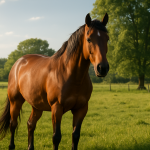 Create a photorealistic image of a beautiful horse in a sunny pasture, symbolizing the joy of horse ownership. Create a photorealistic, professional, natural-looking image with believable lighting and detail.