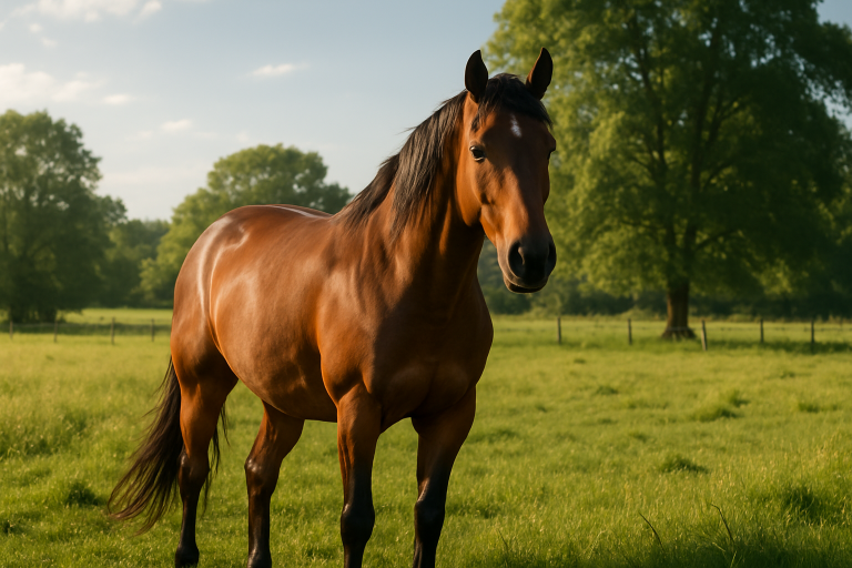 Create a photorealistic image of a beautiful horse in a sunny pasture, symbolizing the joy of horse ownership. Create a photorealistic, professional, natural-looking image with believable lighting and detail.