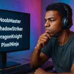 A gamer with a colorful background, contemplating username options on a computer, showcasing diversity and creativity in gaming identities. Create a photorealistic, professional, natural-looking image with believable lighting and detail.