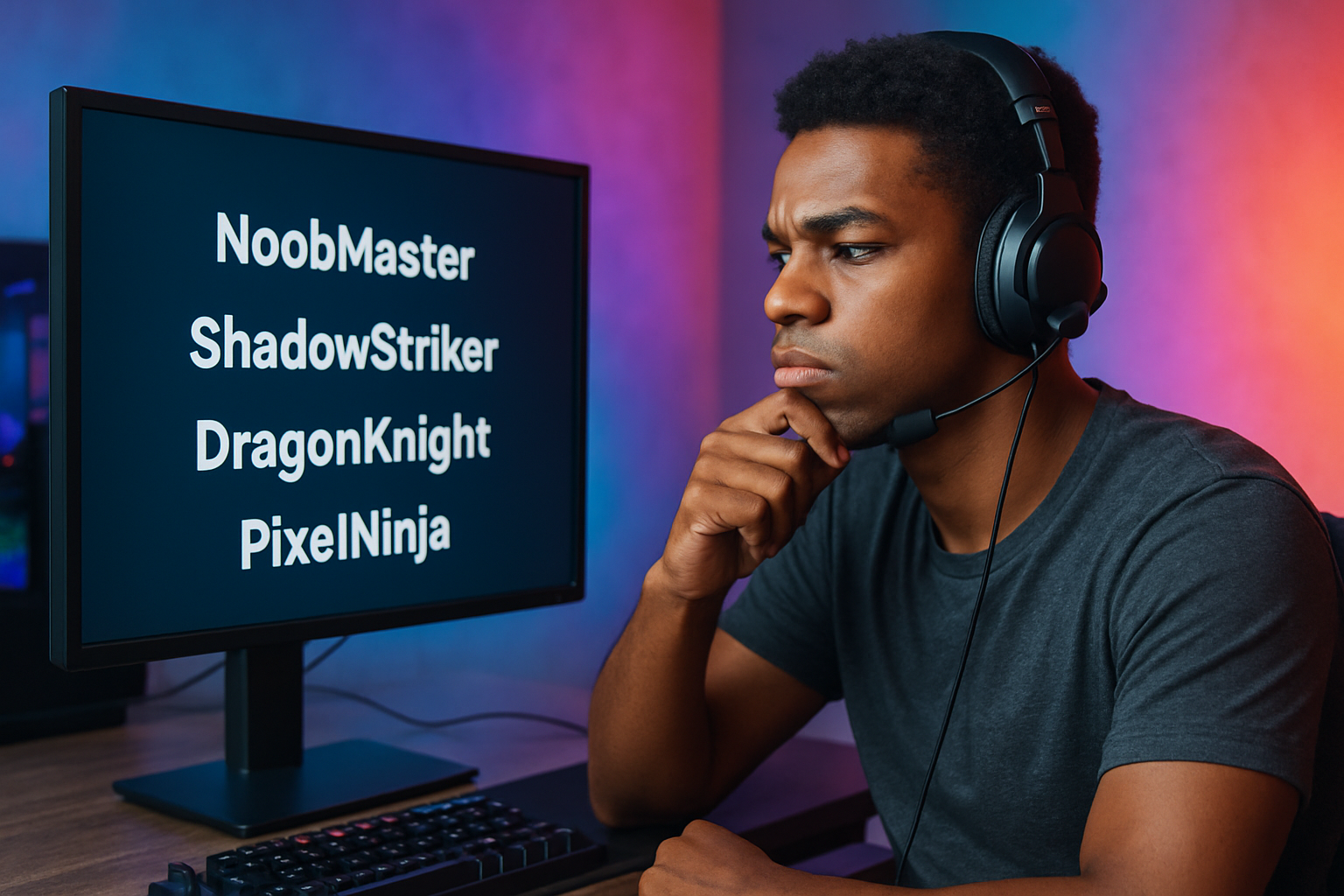 A gamer with a colorful background, contemplating username options on a computer, showcasing diversity and creativity in gaming identities. Create a photorealistic, professional, natural-looking image with believable lighting and detail.