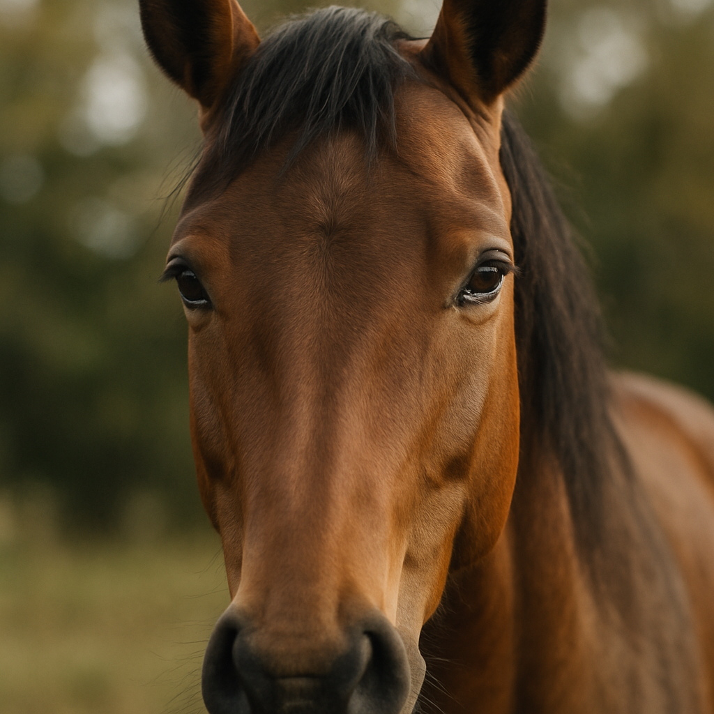A close-up of a horse's face, showcasing its gentle expression. Create a photorealistic, professional, natural-looking image with believable lighting and detail.