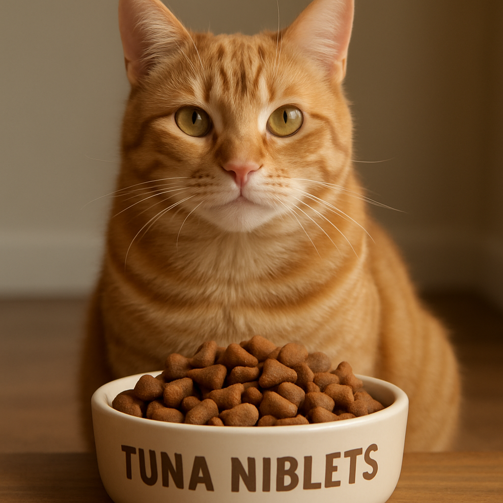 A beautiful orange tabby cat sitting with a bowl of treats labeled with fun food-inspired names. Create a photorealistic, professional, natural-looking image with believable lighting and detail.