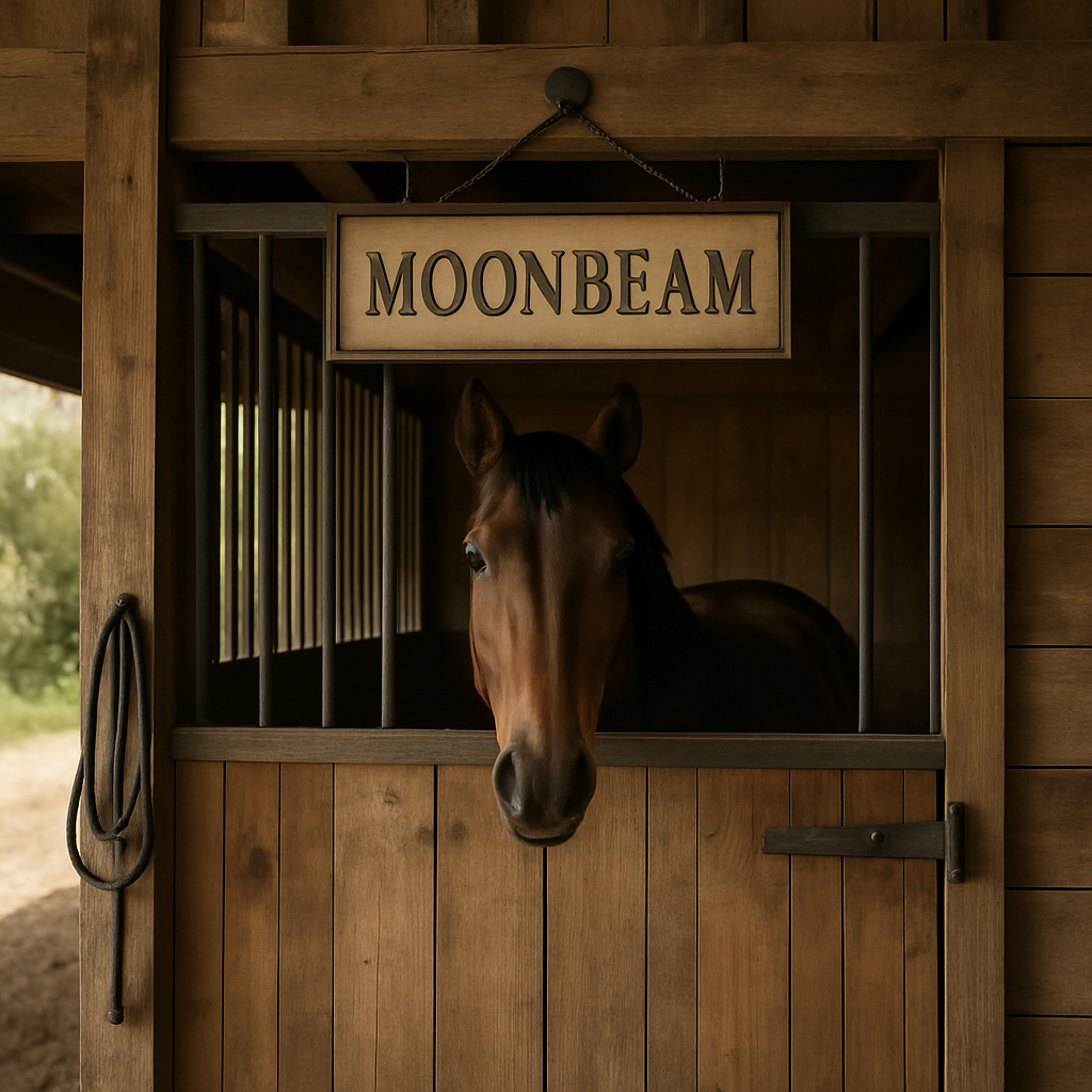 Illustrate a serene barn setting with a unique horse name sign hanging above a stall. Create a photorealistic, professional, natural-looking image with believable lighting and detail.