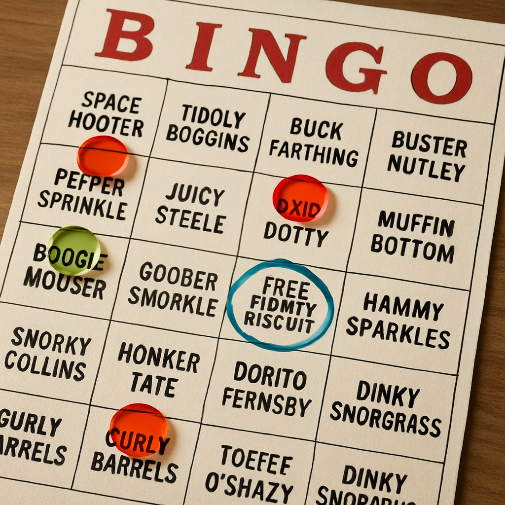 A close-up of a bingo card featuring funny jockey names with colorful markers. Create a photorealistic, professional, natural-looking image with believable lighting and detail.