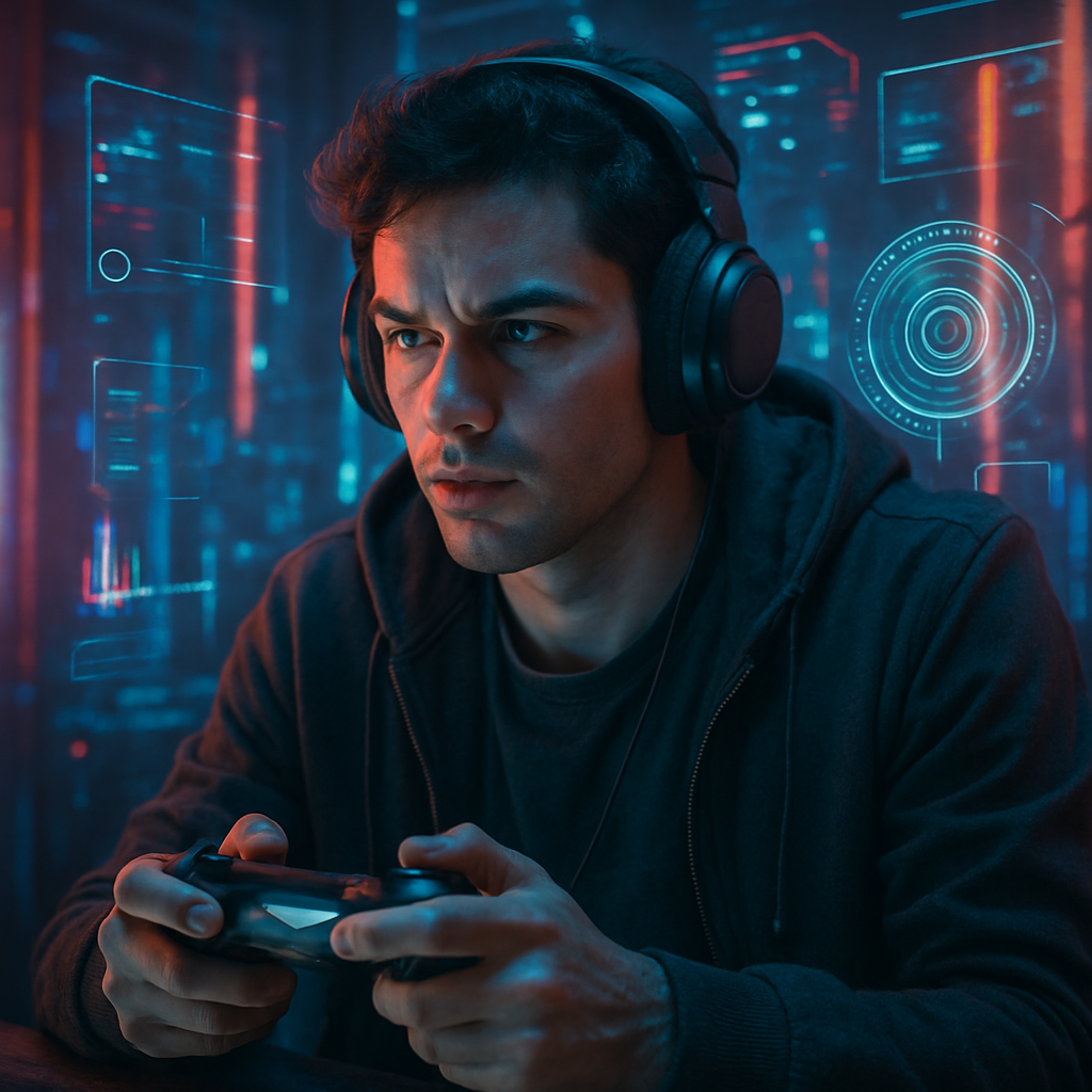 Artistic representation of a gamer in a cyberpunk setting with glowing elements and a digital interface. Create a photorealistic, professional, natural-looking image with believable lighting and detail.
